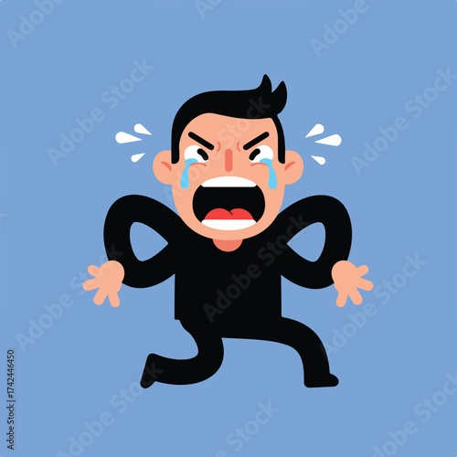 Cartoon man with black hair runs and cries loudly with wide-open mouth