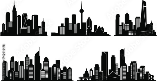 Modern city skyline silhouettes collection, black and white urban architecture design, skyscraper buildings vector illustration, metropolitan cityscape concept, downtown landscape