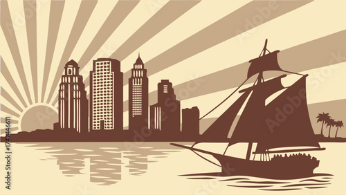 San diego skyline with sailboat at sunrise, suitable for travel brochures, city tourism websites, and inspirational posters. Perfect for coastalthemed designs.
