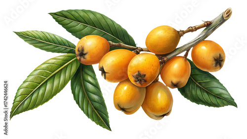 Detailed botanical illustration of loquat fruits and leaves on a branch