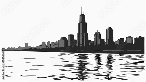 San diego skyline resembling chicago waterfront silhouette, ideal for cityscapes collection, travel publications, and architectural designs. Evokes urban charm.