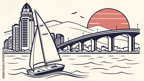 San diego skyline cityscape with bridge, sailboat, rising sun captures coastal beauty. Suitable for travel brochures, websites, and social media posts.