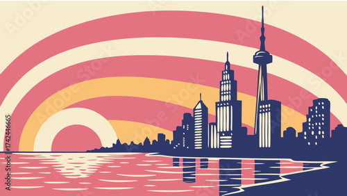 San diego skyline with a retro sun setting, mirroring torontos style, perfect for travel websites, skyline posters, and citythemed designs.