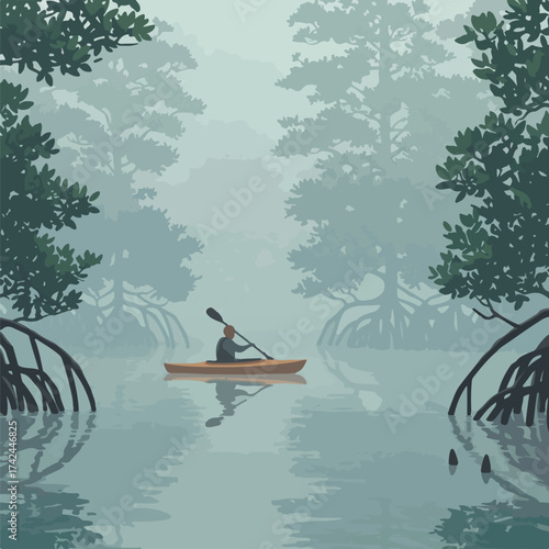 Person kayaking through a misty mangrove forest with exposed roots