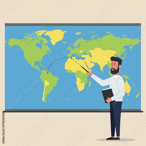 Man presenting world map with route from South America to Africa