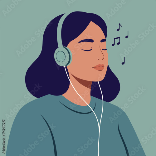 Woman with headphones enjoys music, eyes closed