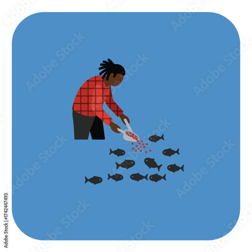 Person in plaid shirt feeding fish from a scoop