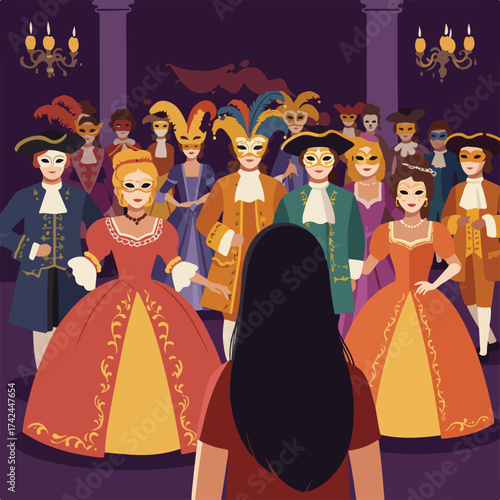 Elaborate masked gathering, formal attire, ornate ballroom setting