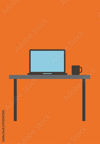 Wallpaper Mural A minimalist illustration of a laptop and a coffee mug resting on a simple gray desk against a vibrant orange background, suggesting a workspace. Torontodigital.ca