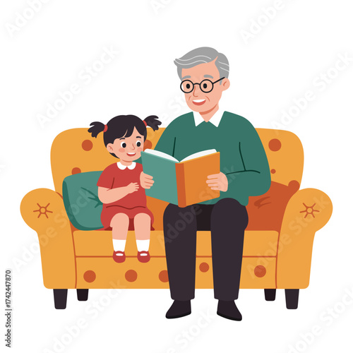 Elderly man and child reading a book together on a colorful sofa