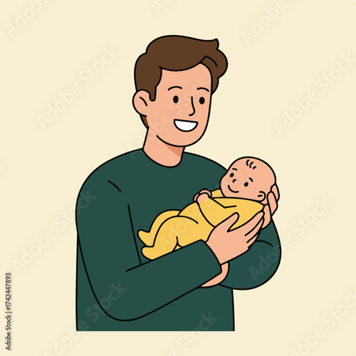 A smiling man holds a swaddled baby
