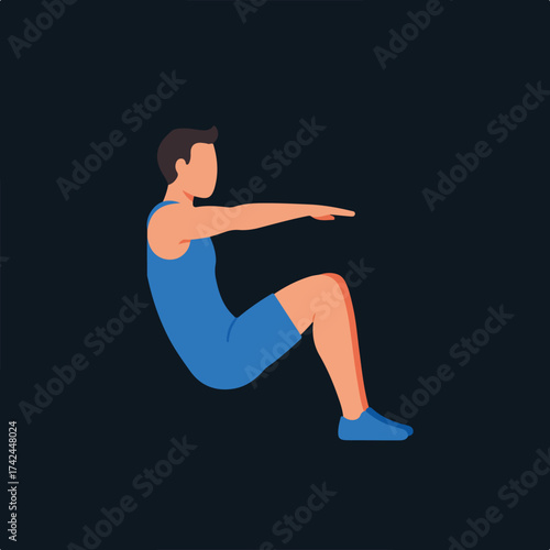 A man in blue athletic wear doing a sit-up exercise on a dark background