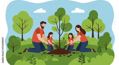 A family of four planting a tree together in a lush green park environment.