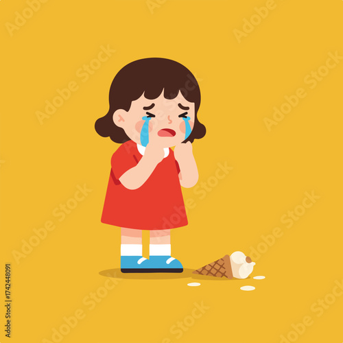 A sad child in a red dress cries as their dropped ice cream melts on the floor
