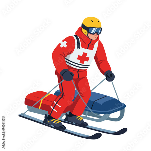 Skier in red suit with rescue sled on skis, white background