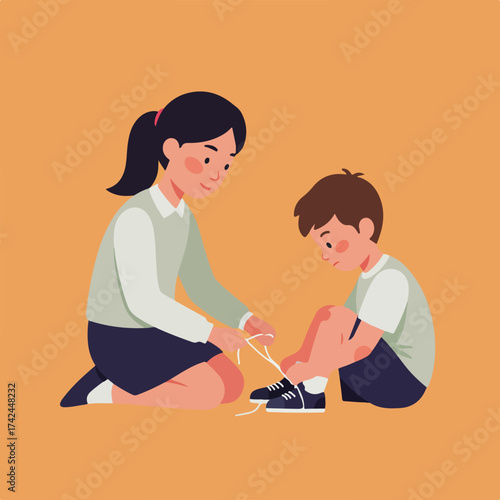 Person assisting another person with tying shoelaces
