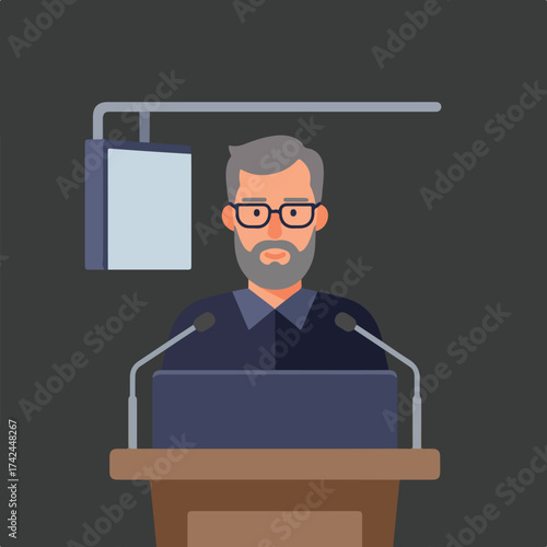 Man with beard and glasses speaking at podium with mics and screen