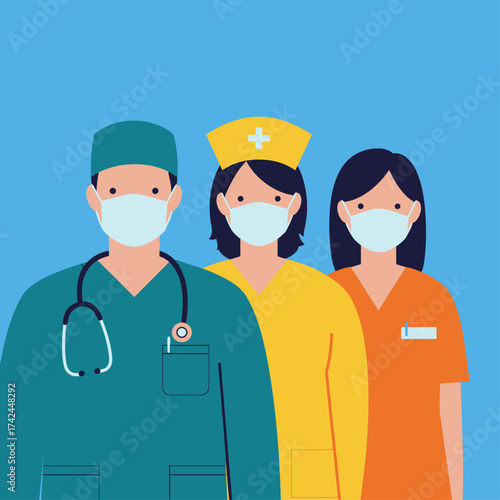 Three diverse medical professionals, including a doctor and nurses, wearing face masks in a flat illustration.