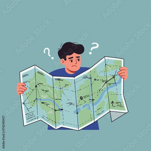 A confused person holding a map with question marks above their head