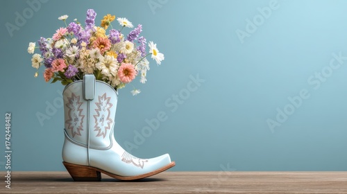 Creative photo of a cowgirl boot used as a vase with a bouquet of pastel wildflowers against a soft background. Ideal for decor, design, fashion, or country lifestyle concepts.