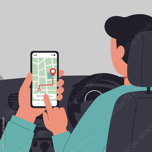 Person holding a smartphone displaying a navigation map inside a car