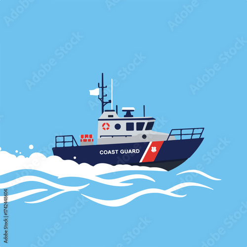 A stylized illustration of a coast guard vessel cutting through blue waves