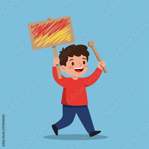 A cheerful child walks while holding a sign and a drumstick