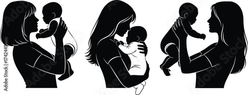 emotional moment, family care, black and white, affection, tenderness, motherhood, cradle, lift, eye contact, playful, newborn, maternal connection, illustration, vector