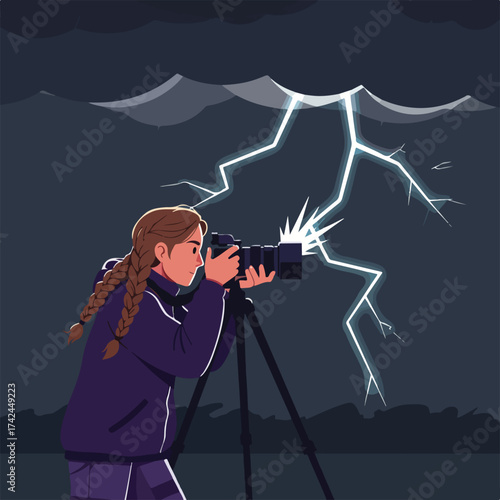 Photographer captures lightning strike with camera on tripod during a storm