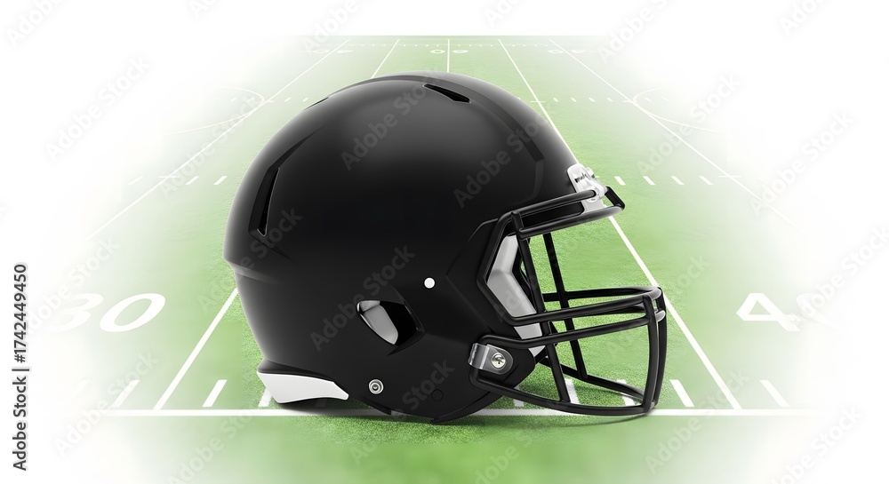 Fototapeta premium A black american football helmet isolated on a white background with a blurred football field
