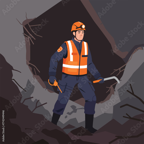 Rescuer in protective gear stands in a collapsed, dark environment