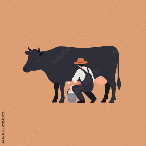 Farmer milks dark cow with bucket, wearing overalls and hat