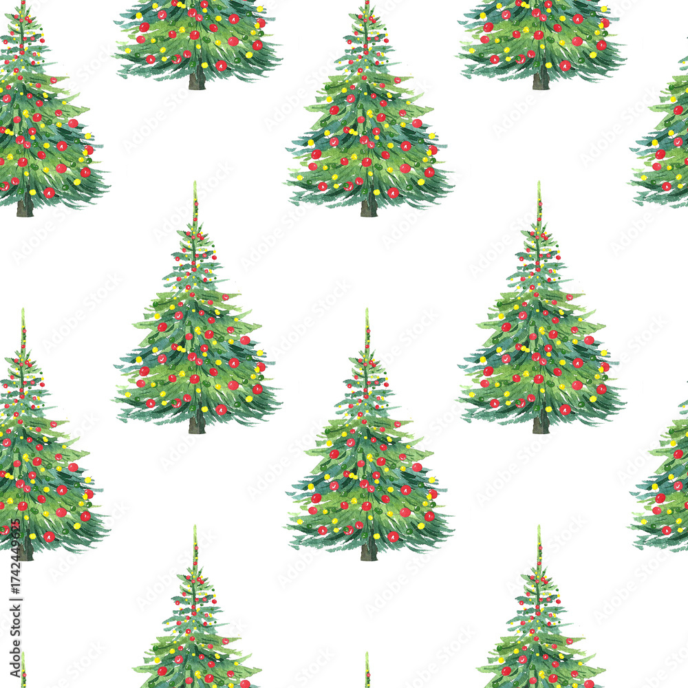 Obraz premium seamless pattern with a Christmas tree decorated with red and yellow balls, watercolor illustration for tableware, textiles, and packaging