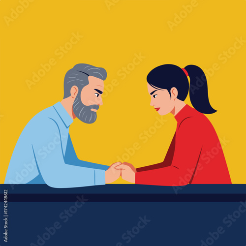 A man and woman hold hands, their faces turned towards each other in a moment of connection