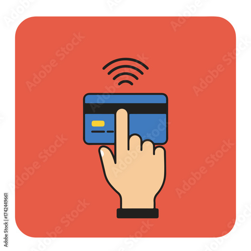 Hand holding contactless payment card for purchase with wireless signals
