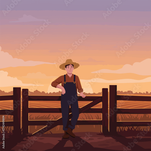 Farmer at sunset near wooden gate, surveying golden fields