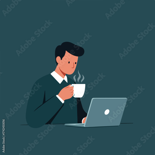 Man in dark blue sweater and white collar shirt drinks coffee near laptop