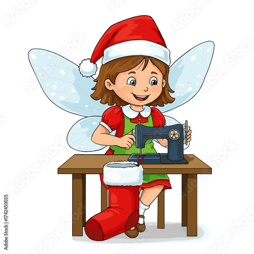 Little fairy sewing a Christmas stocking illustration for holiday crafts, decorations, and children's books
