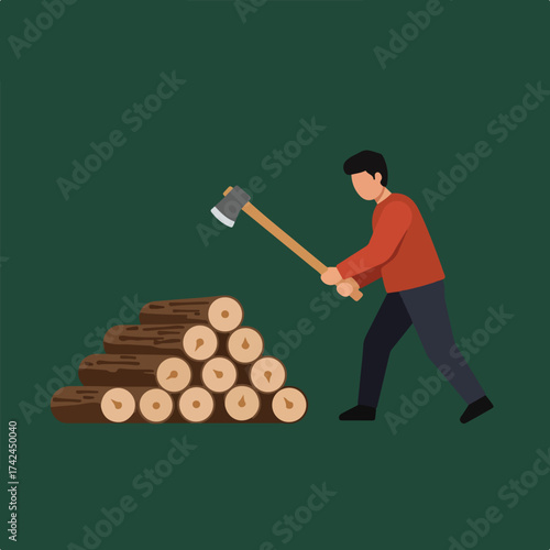 A person chops wood with an axe next to a stack of logs