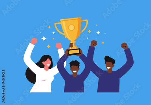 Three diverse individuals joyfully celebrating, holding a golden trophy aloft in a moment of shared triumph and achievement.