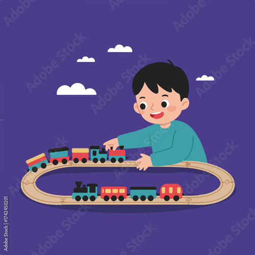 Cheerful boy plays with colorful toy trains on a wooden track