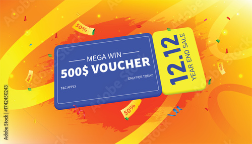 12.12 year-end sale banner with $500 voucher promotion on a bright orange background. Perfect for e-commerce, online shopping, discount, and festive marketing campaigns.