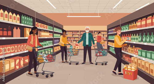 Diverse shoppers navigate well-stocked aisles in a modern supermarket, pushing carts filled with groceries.