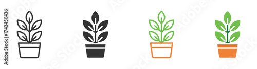 Houseplant icon set, indoor plant icon, set in outline and flat style, vector illustration , 