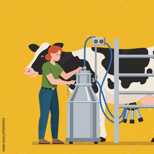 Person milking a cow with automated equipment on a farm