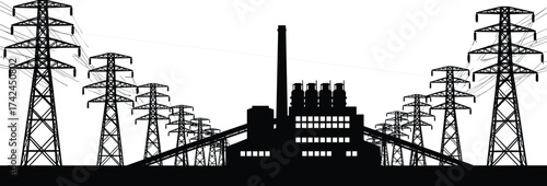 Power plant silhouette, electricity infrastructure, transmission towers, energy distribution, industrial facility, high voltage lines, utility grid, smokestacks, rural landscape, dusk