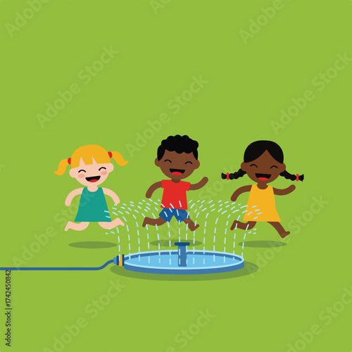 Children joyfully run through a sprinkler on a grassy field