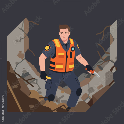 Rescuer with tools surveys damaged building rubble