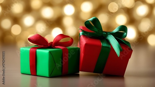 Wallpaper Mural Two beautifully wrapped holiday gift boxes in vibrant red and green colors, adorned with elegant ribbon bows, set against a warm, glittering background. Torontodigital.ca