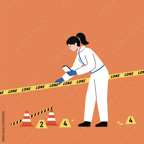 Forensic investigator in protective suit examining evidence at a crime scene